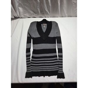 Love Crazy Women Black Grey Striped Ribbed Knit V-Neck Mock Neck Sweater Small